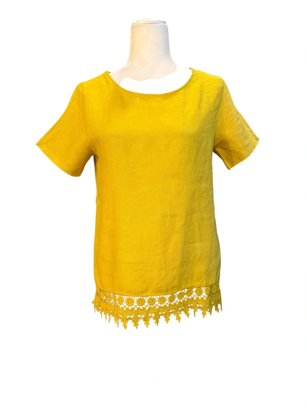 Terzo Millennio Linen Mustard Short-Sleeve Lace-Hem Top Size Small